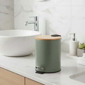 Green step trash can with bamboo lid on bathroom countertop