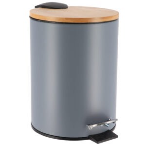 A sleek gray trash can with a round bamboo lid, featuring a soft-close mechanism and a black foot pedal for hands-free operation.