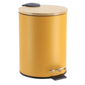 A sleek yellow trash can with a round bamboo lid, featuring a soft-close mechanism and a black foot pedal for hands-free operation.