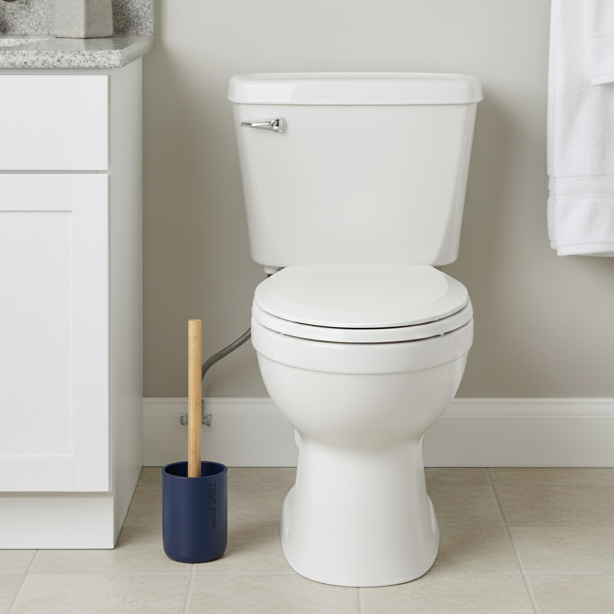 Bathroom scene showing navy blue toilet brush holder next to toilet and vanity