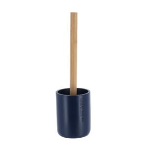 A simple and modern toilet brush featuring a navy blue holder with a sleek bamboo handle, perfect for any bathroom decor.