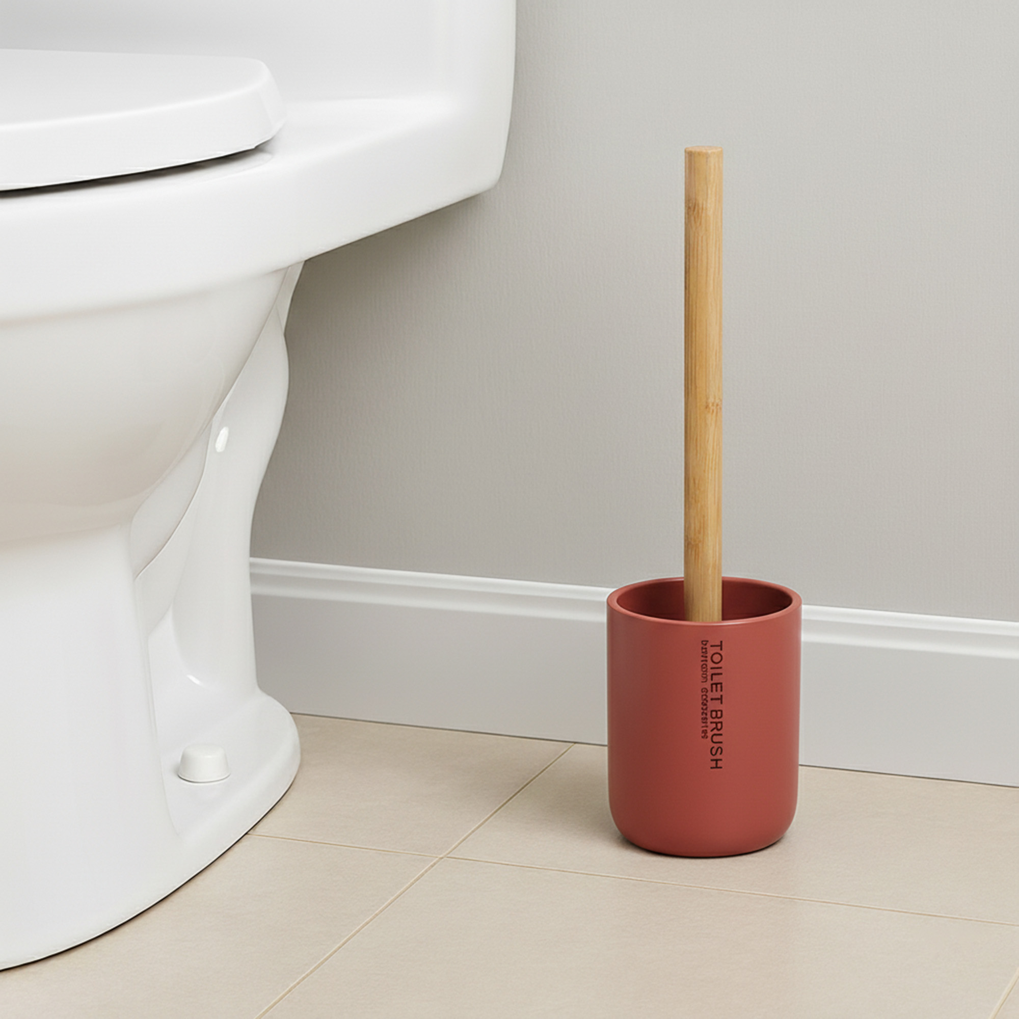 Terracotta toilet brush with bamboo handle in matching holder placed beside toilet