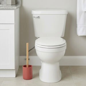 Bathroom scene showing terracotta toilet brush holder next to toilet and vanity