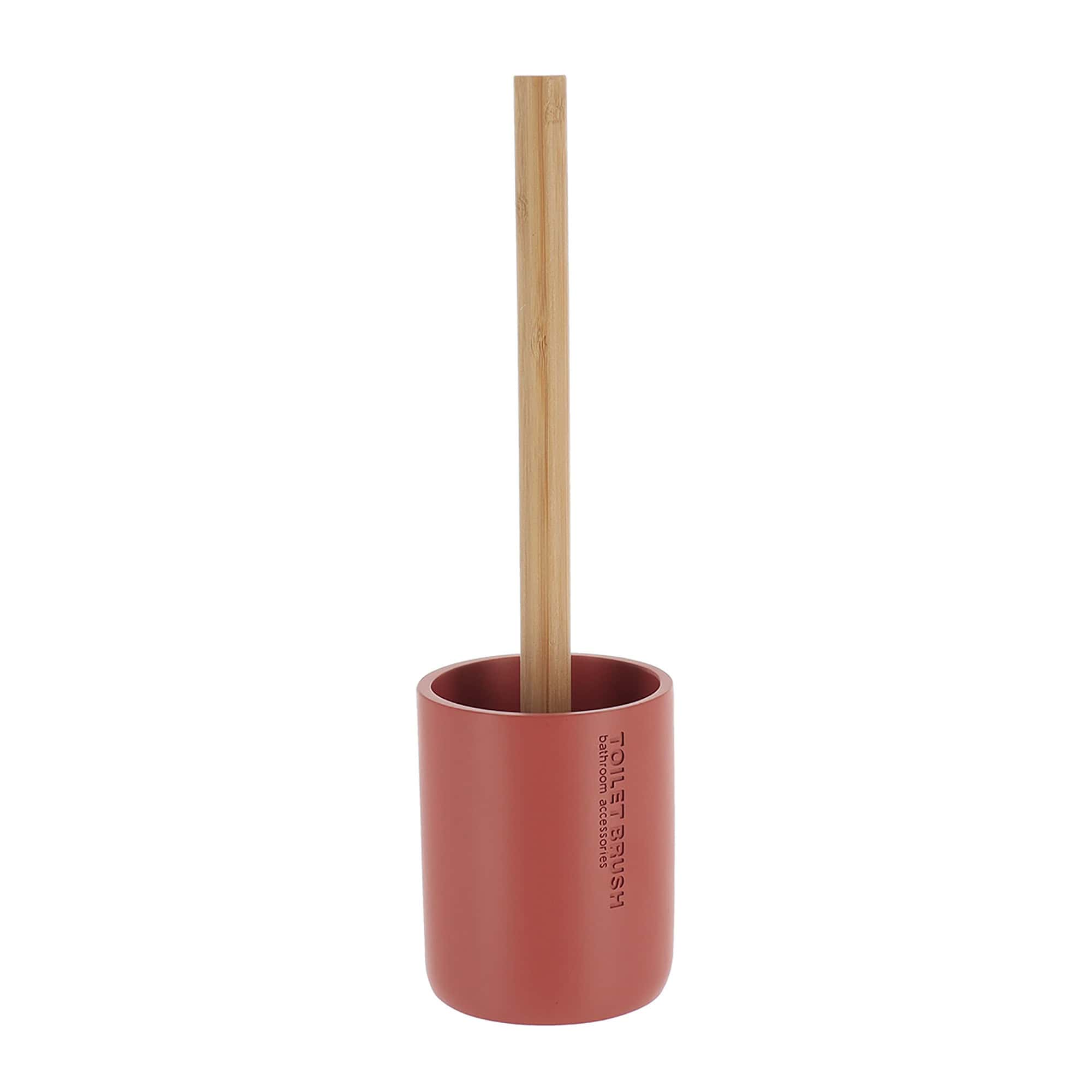 A simple and modern toilet brush featuring a terracotta holder with a sleek bamboo handle, perfect for any bathroom decor.