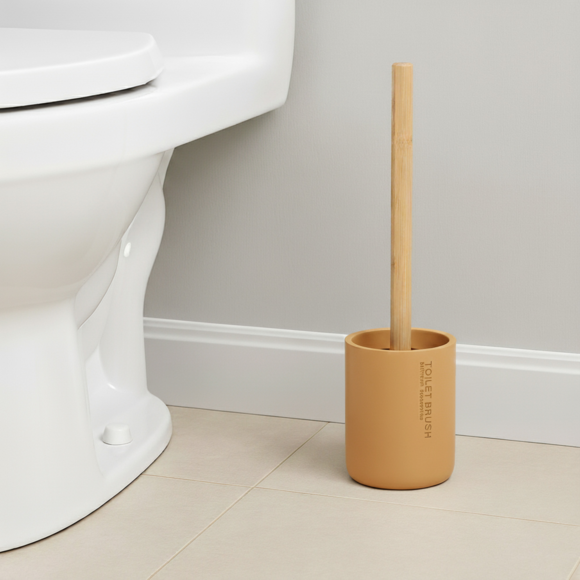 Mustard yellow toilet brush with bamboo handle in matching holder placed beside toilet