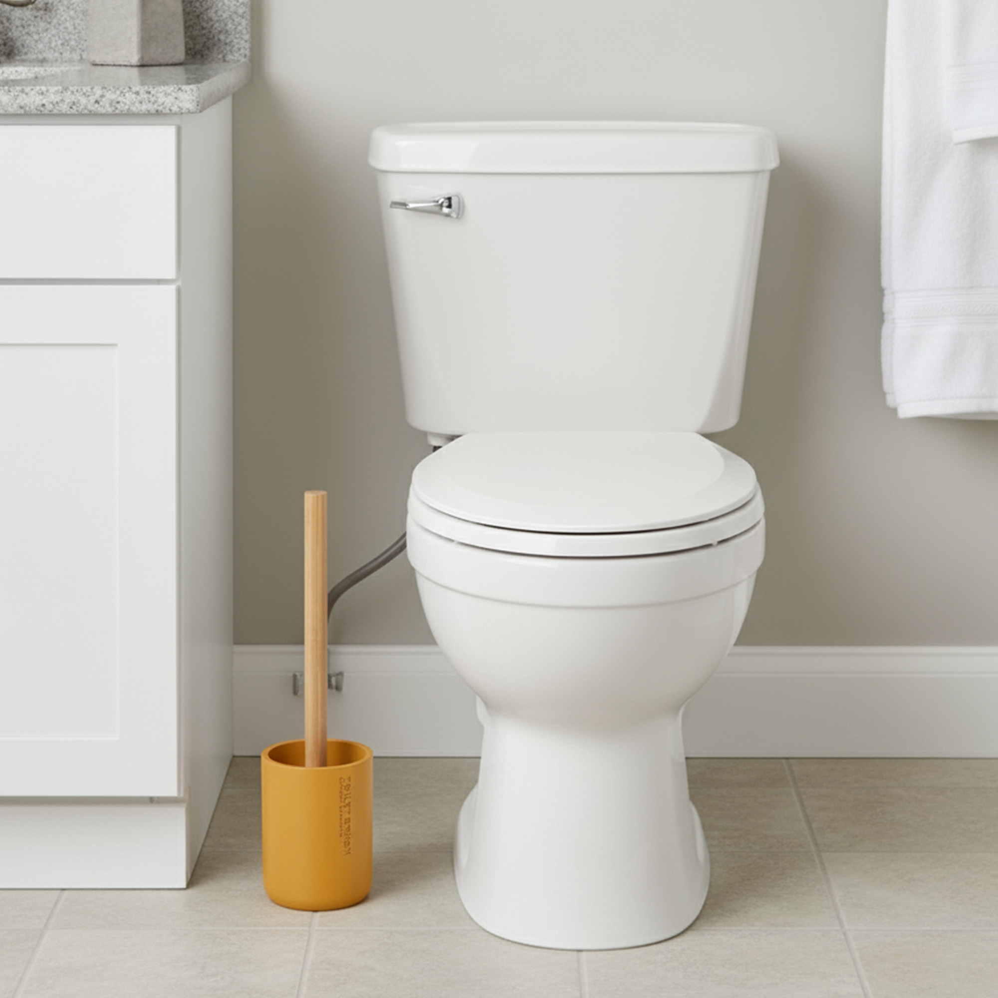 Bathroom scene showing mustard yellow toilet brush holder next to toilet and vanity