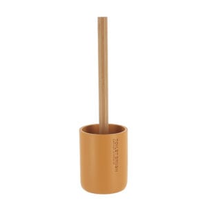 A simple and modern toilet brush featuring a mustard yellow holder with a sleek bamboo handle, perfect for any bathroom decor.