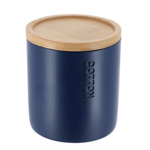 Minimalist navy blue cotton jar featuring a smooth bamboo lid, ideal for storing cotton pads or small bathroom essentials.