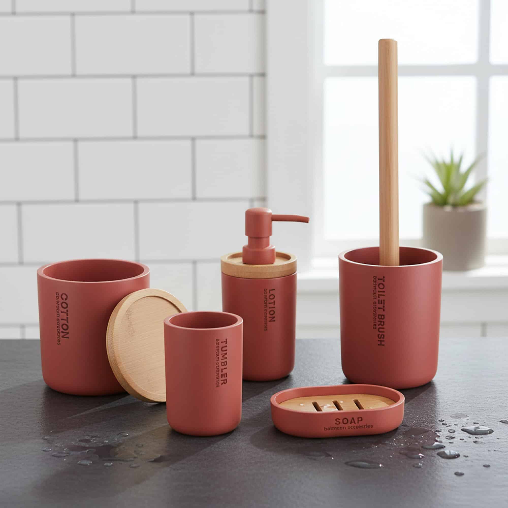 Terracotta bathroom accessory set with bamboo lids and accents displayed on wet countertop