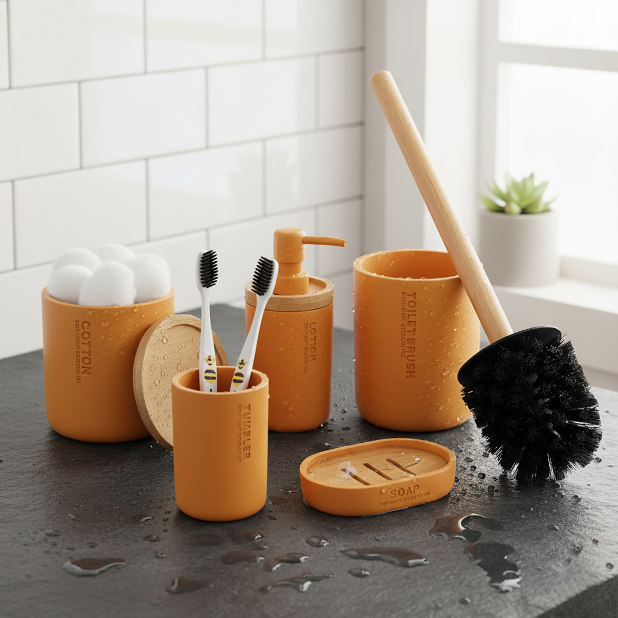 Mustard Yellow bathroom accessory set with bamboo lids and accents displayed on wet countertop