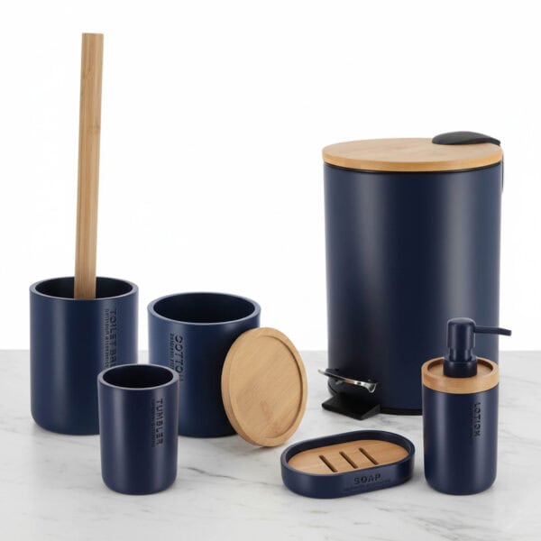 Navy blue 6-piece bathroom accessory set with bamboo lids and accents displayed on a marble countertop