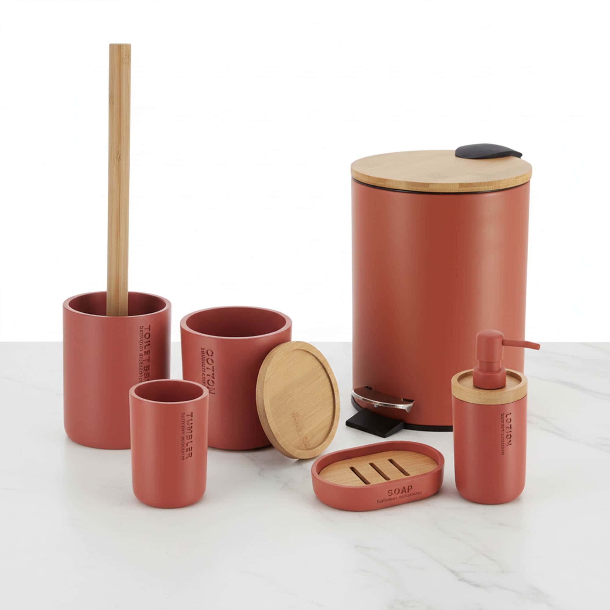 Terracotta 6-piece bathroom accessory set with bamboo lids and accents displayed on a marble countertop