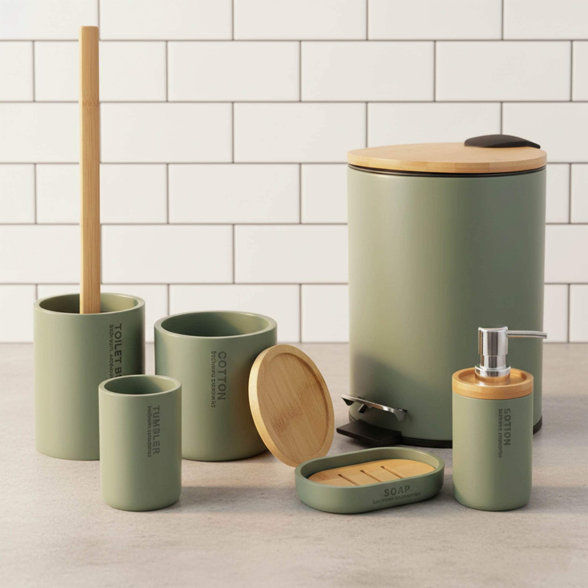 Green 6-piece bathroom accessory set with bamboo lids and accents displayed on a modern countertop