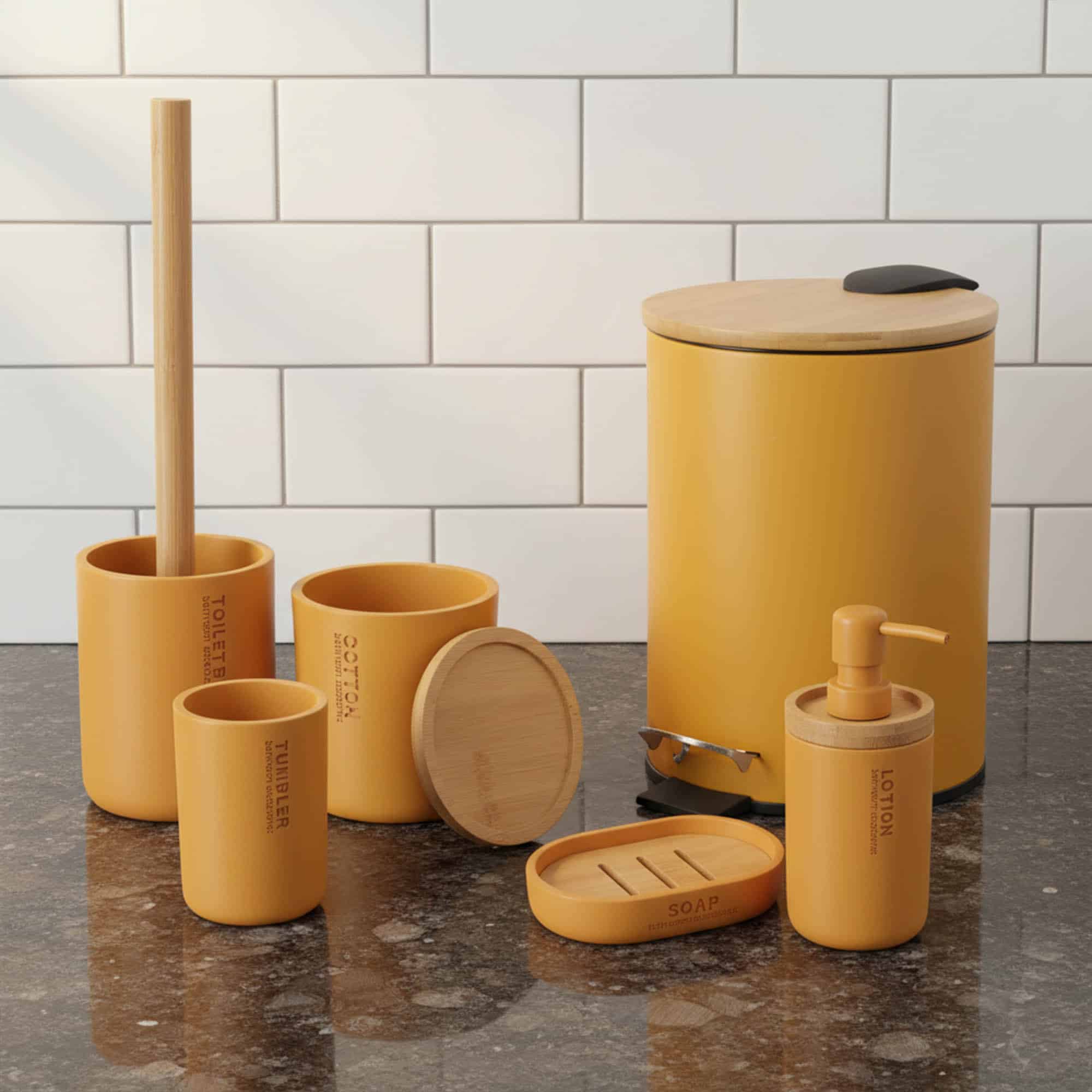 Willis mustard yellow 6-piece bathroom accessory set with bamboo accents on marble counter