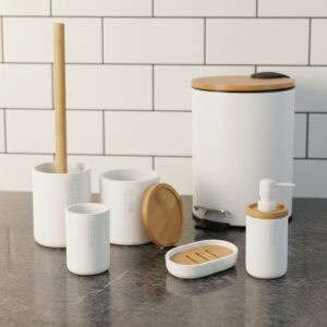 White 6-piece bathroom accessory set with bamboo lids and accents displayed on a marble countertop