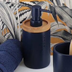 Navy dispenser styled with a bold tropical background