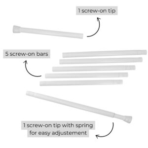 Component Breakdown of Extendable White Shower Curtain Rod: Individual parts of the extendable white shower curtain rod, including screw-on bars, tips, and a spring-loaded adjustment piece.