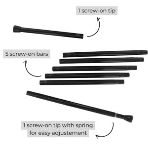 Component Breakdown of Extendable Shower Curtain Rod: Individual parts of the extendable black shower curtain rod, including screw-on bars, tips, and a spring-loaded adjustment piece.