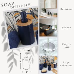 Practical navy soap dispenser displayed in diverse environments