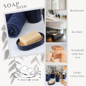 Collage showcasing a navy blue soap dish with bamboo insert in various settings, including bathrooms and kitchens, with details about its dimensions and soap compatibility.