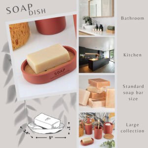 Collage showcasing a red soap dish with bamboo insert in various settings, including bathrooms and kitchens, with details about its dimensions and soap compatibility.