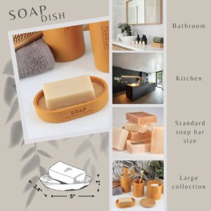 Collage showcasing a yellow soap dish with bamboo insert in various settings, including bathrooms and kitchens, with details about its dimensions and soap compatibility.
