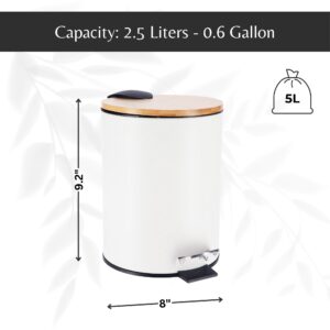 Infographic displaying the white step trash can with its dimensions (9.2 inches tall and 8 inches wide) and a capacity of 2.5 liters (0.6 gallons).