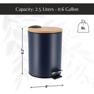 Infographic displaying the blue step trash can with its dimensions (9.2 inches tall and 8 inches wide) and a capacity of 2.5 liters (0.6 gallons).