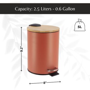 Infographic displaying the terracotta step trash can with its dimensions (9.2 inches tall and 8 inches wide) and a capacity of 2.5 liters (0.6 gallons).