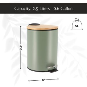 Infographic displaying the green step trash can with its dimensions (9.2 inches tall and 8 inches wide) and a capacity of 2.5 liters (0.6 gallons).