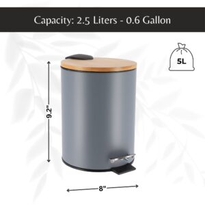 Infographic displaying the gray step trash can with its dimensions (9.2 inches tall and 8 inches wide) and a capacity of 2.5 liters (0.6 gallons).