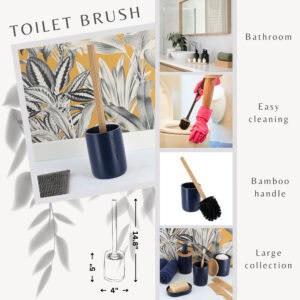 Toilet brush feature graphic showing bamboo handle, holder, use photos, and size diagram