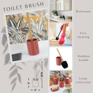 Toilet brush feature graphic showing bamboo handle, holder, use photos, and size diagram