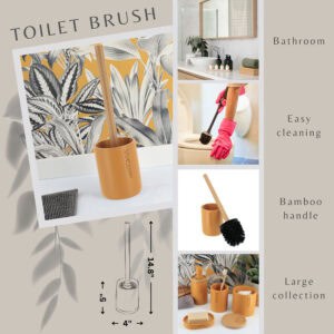 Toilet brush feature graphic showing bamboo handle, holder, use photos, and size diagram
