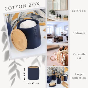 Collage showcasing the navy blue cotton jar in various settings, emphasizing its versatility for bathroom, bedroom, or vanity use.