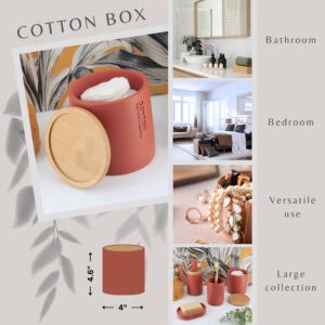 Collage showcasing the terracotta cotton jar in various settings, emphasizing its versatility for bathroom, bedroom, or vanity use.