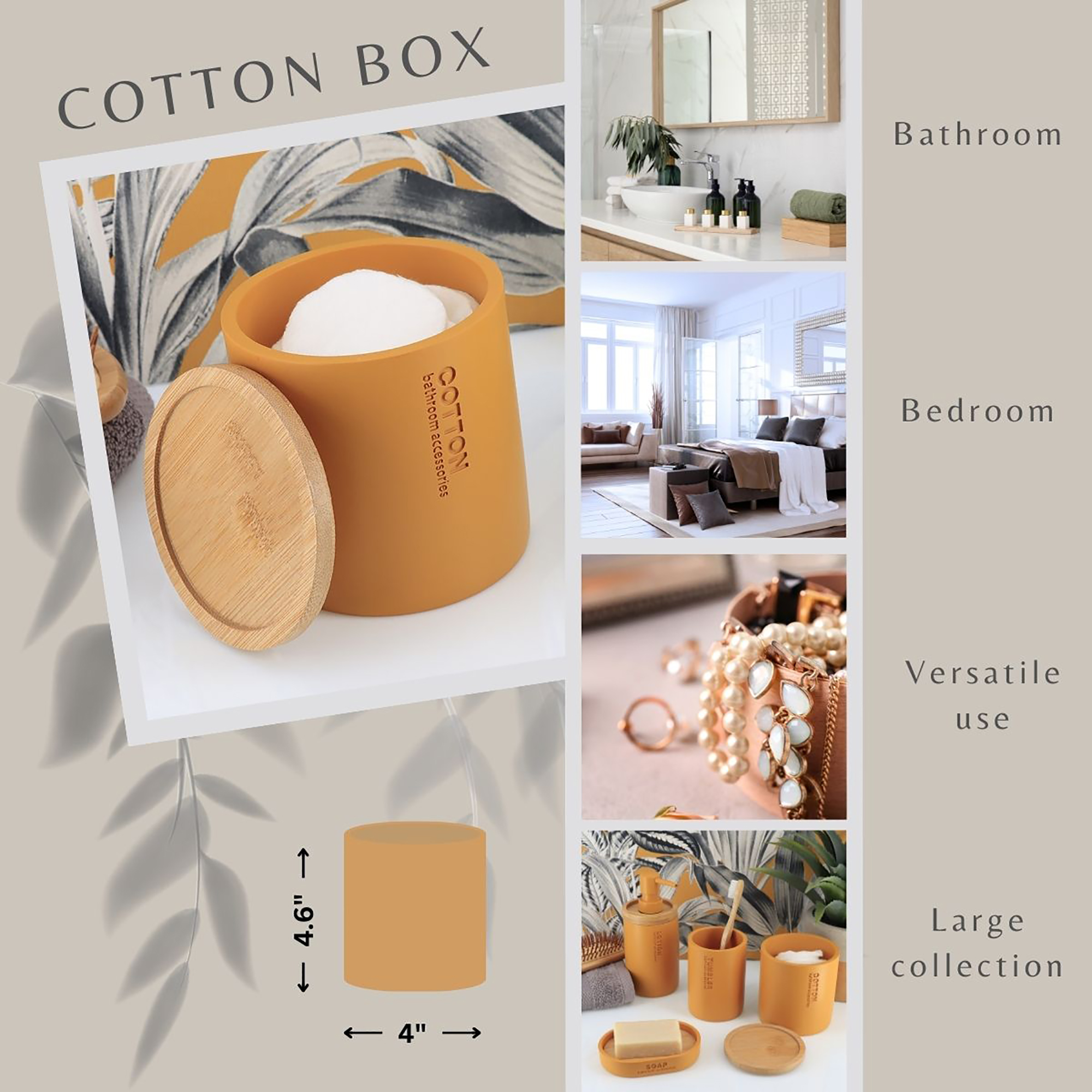 Collage showcasing the mustard yellow cotton jar in various settings, emphasizing its versatility for bathroom, bedroom, or vanity use.