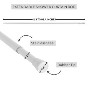 Adjustable White Shower Rod Dimensions with Stainless Steel Design: A diagram showcasing the adjustable length of the white shower rod, made of stainless steel with a rubber tip.