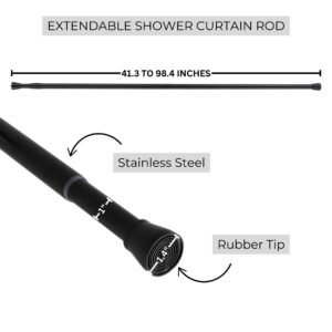 Adjustable Shower Rod Dimensions with Stainless Steel Design: A diagram showcasing the adjustable length of the black shower rod, made of stainless steel with a rubber tip.
