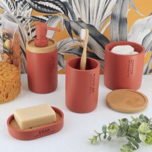 Terracotta and bamboo accessory set styled with natural tones