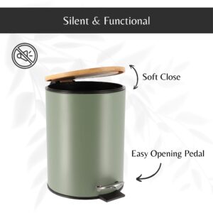 Open green trash can showing the soft-close bamboo lid and the easy-to-use black foot pedal for convenient trash disposal.