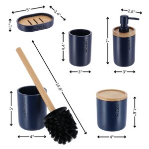 Infographic showcasing the dimensions of the navy blue bathroom accessories, including the soap dish, tumbler, lotion dispenser, cotton jar, and toilet brush holder.