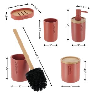 Infographic showcasing the dimensions of the red bathroom accessories, including the soap dish, tumbler, lotion dispenser, cotton jar, and toilet brush holder.