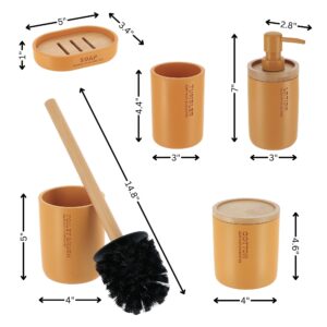 Infographic showcasing the dimensions of the mustard yellow bathroom accessories, including the soap dish, tumbler, lotion dispenser, cotton jar, and toilet brush holder.
