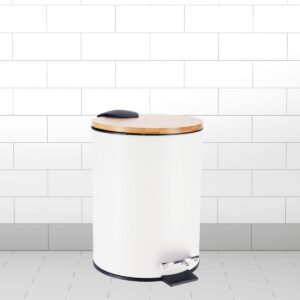 White trash bin with a bamboo lid and a foot pedal, set against a tiled bathroom wall.