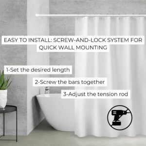 Easy-to-Install Screw and Lock White Shower Rod System: Installation instructions highlighting the screw-and-lock system for the white shower rod, displayed above a modern bathtub.