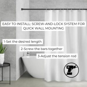 Easy-to-Install Screw and Lock Shower Rod System: Installation instructions highlighting the screw-and-lock system for the black shower rod, displayed above a modern bathtub.