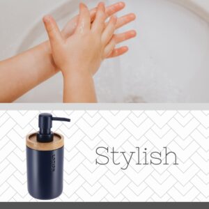 Close-up of navy soap dispenser highlighting its modern design