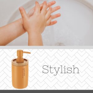 Close-up of yellow soap dispenser highlighting its modern design