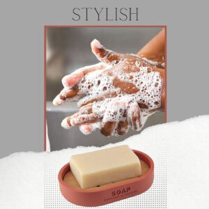 Close-up of hands being lathered with soap, emphasizing the stylish terracotta soap dish with bamboo insert used for convenience and elegance.